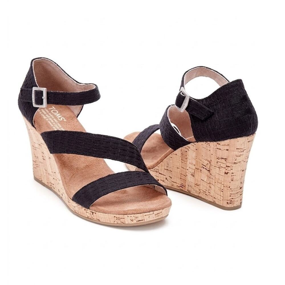 TOMS Clarissa Black Textile Cork Wedge Sandals Size W7.5